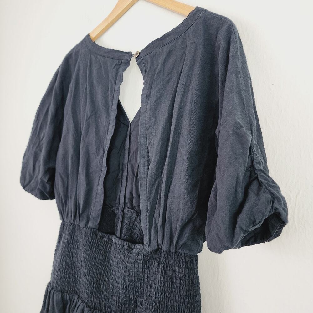 Maeve Anthropologie Black Puff Sleeve Smocked Open Back Cotton Mini Dress L - Picture 11 of 13